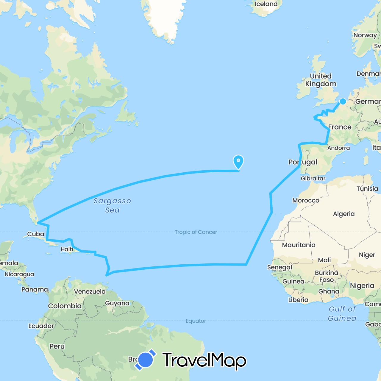 TravelMap itinerary: driving, boat in Antigua and Barbuda, Barbados, Belgium, Bahamas, Cuba, Cape Verde, Dominica, Dominican Republic, Spain, France, Grenada, Guernsey, Guadeloupe, Jersey, Saint Lucia, Martinique, Puerto Rico, Portugal, Turks and Caicos Islands, United States, British Virgin Islands, U.S. Virgin Islands (Africa, Europe, North America)