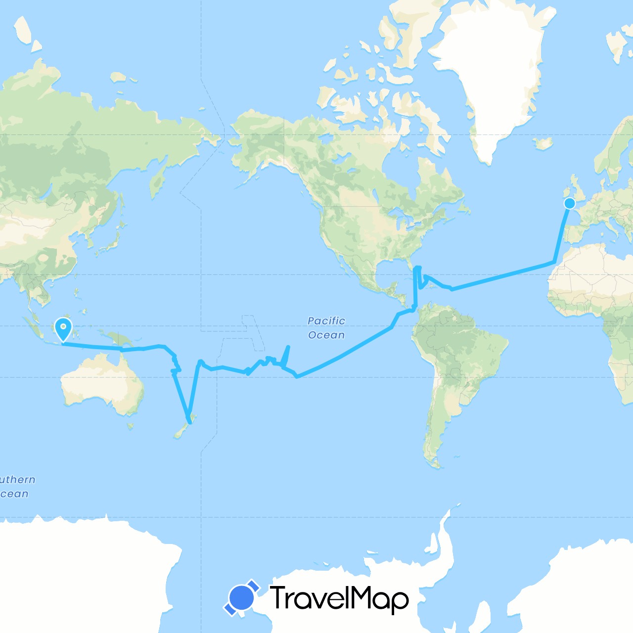 TravelMap itinerary: driving, boat in Antigua and Barbuda, Australia, Bahamas, Cook Islands, Costa Rica, Ecuador, Spain, Fiji, France, United Kingdom, Indonesia, Niue, New Zealand, Panama, Papua New Guinea, Solomon Islands, Turks and Caicos Islands, Tonga, United States, Vanuatu (Asia, Europe, North America, Oceania, South America)